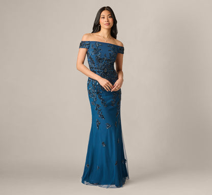 Off Shoulder Floral Beaded Stretch Crepe Mermaid Gown - Deep Blue | Adrianna Papell