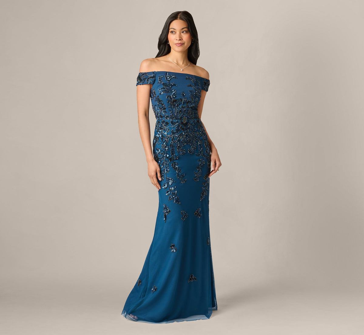 Off Shoulder Floral Beaded Stretch Crepe Mermaid Gown - Deep Blue | Adrianna Papell
