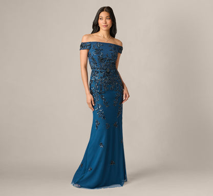 Off Shoulder Floral Beaded Stretch Crepe Mermaid Gown - Deep Blue | Adrianna Papell