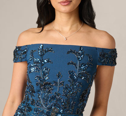 Off Shoulder Floral Beaded Stretch Crepe Mermaid Gown - Deep Blue | Adrianna Papell