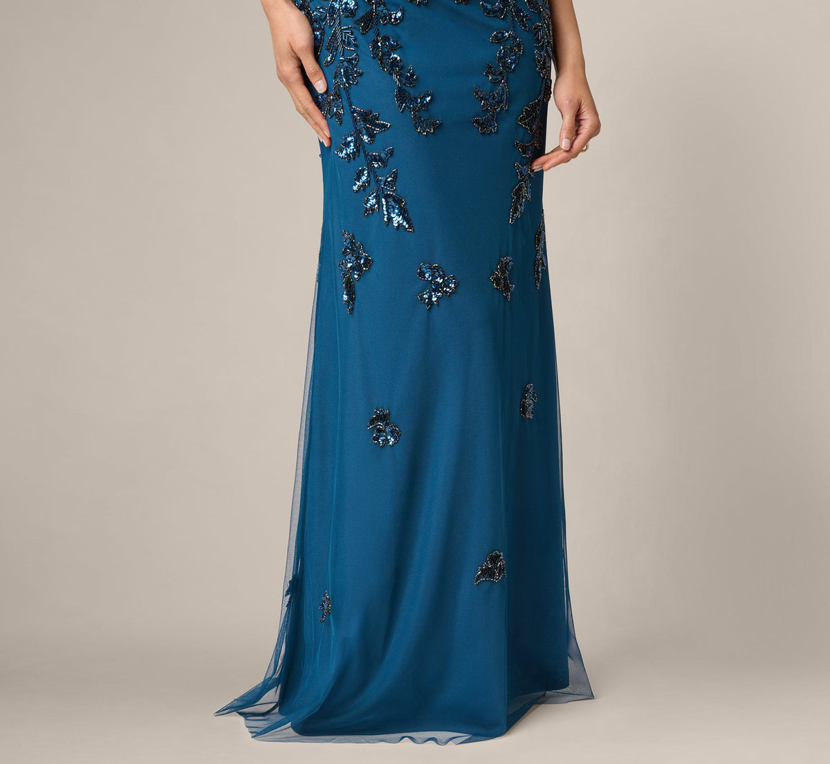 Off Shoulder Floral Beaded Stretch Crepe Mermaid Gown - Deep Blue | Adrianna Papell