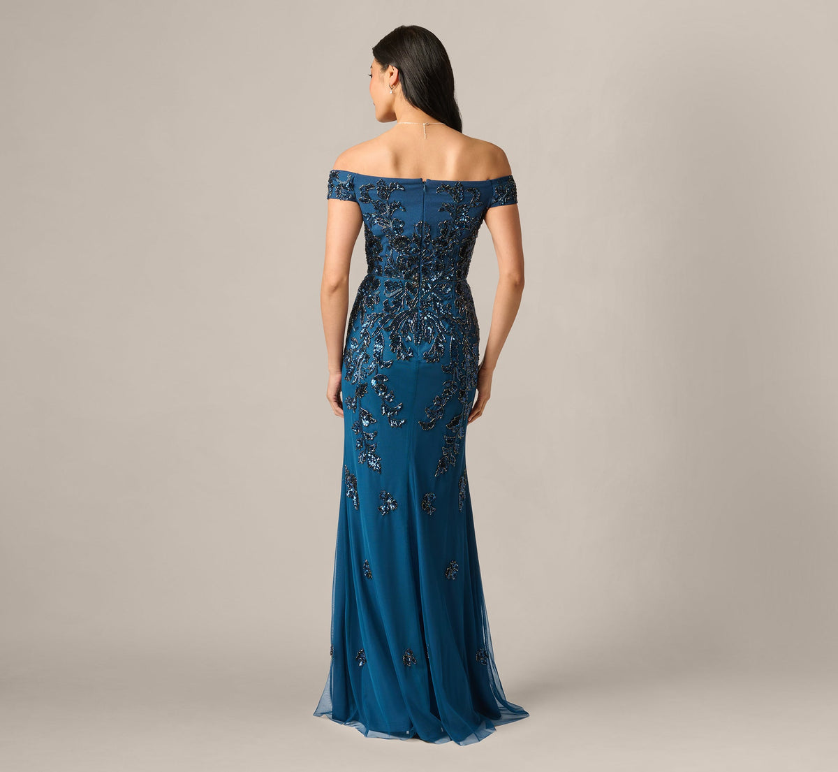 Off Shoulder Floral Beaded Stretch Crepe Mermaid Gown - Deep Blue | Adrianna Papell
