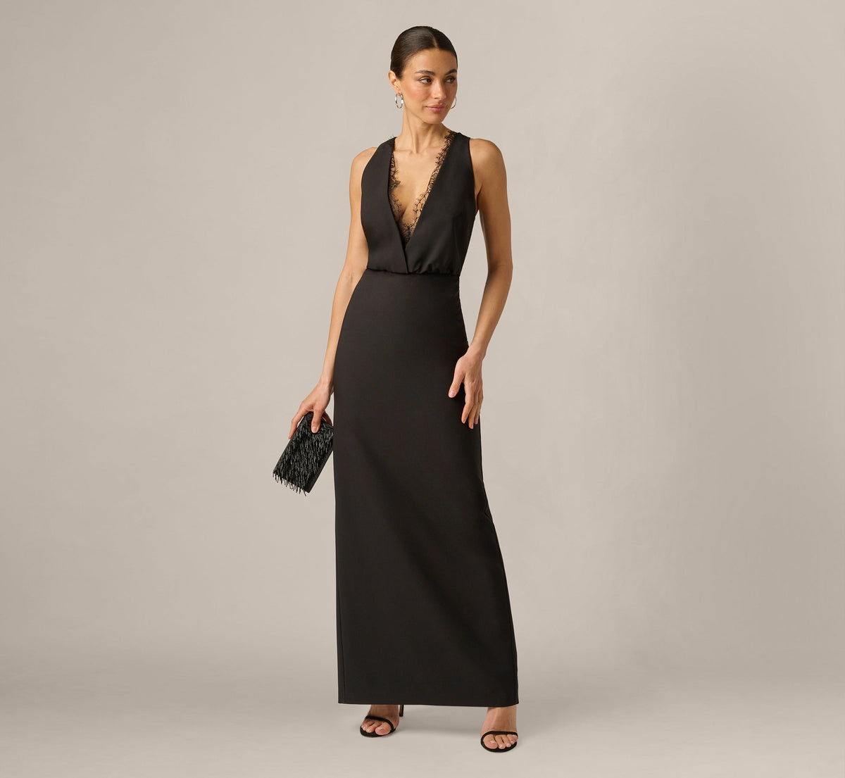 Blouson Lace Trim Plunge Gown - Black | Adrianna Papell