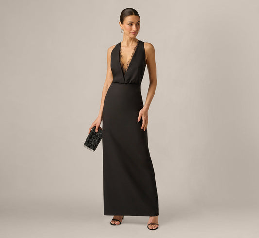 Blouson Lace Trim Plunge Gown - Black | Adrianna Papell