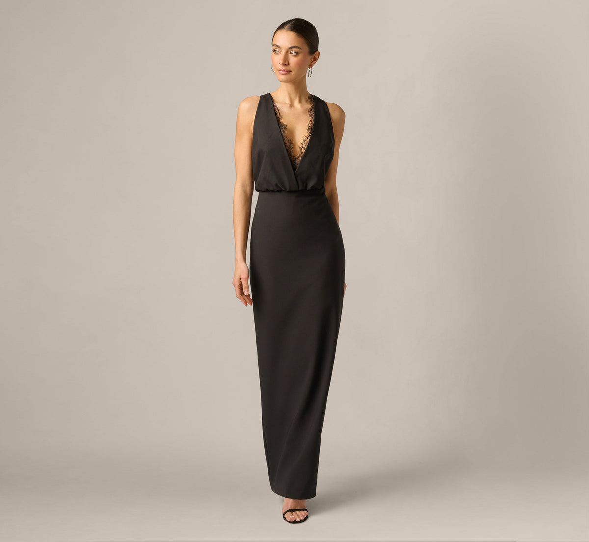 Blouson Lace Trim Plunge Gown - Black | Adrianna Papell