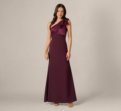 One Shoulder Satin Bow Crepe Gown - Bordeaux Glow | Adrianna Papell