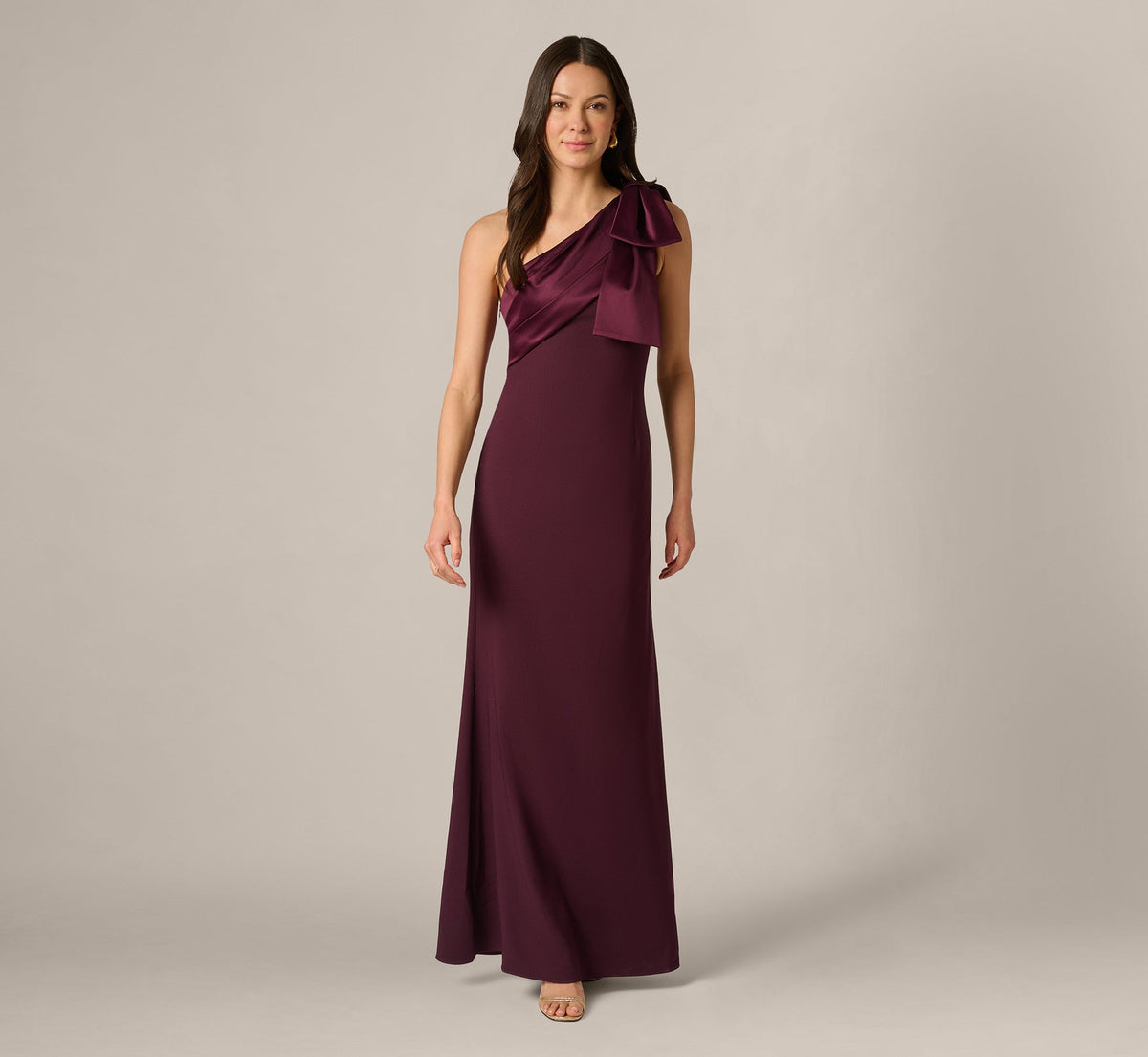 One Shoulder Satin Bow Crepe Gown - Bordeaux Glow | Adrianna Papell