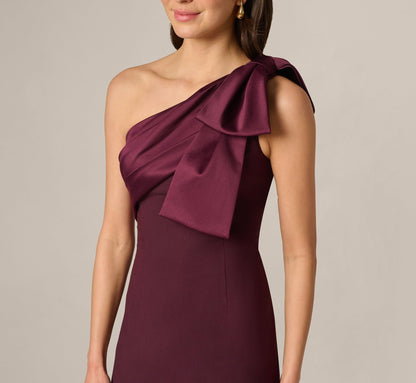 One Shoulder Satin Bow Crepe Gown - Bordeaux Glow | Adrianna Papell