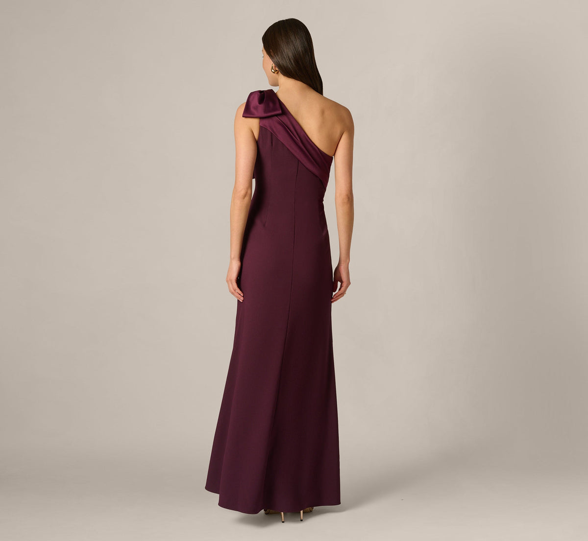 One Shoulder Satin Bow Crepe Gown - Bordeaux Glow | Adrianna Papell
