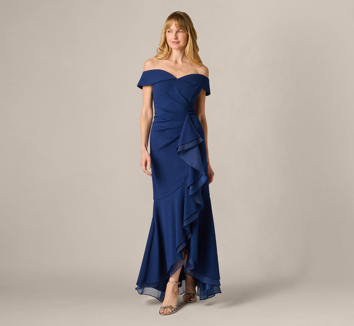 Off Shoulder Stretch Crepe Draped Gown - Navy Sateen | Adrianna Papell