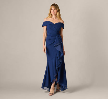 Off Shoulder Stretch Crepe Draped Gown - Navy Sateen | Adrianna Papell