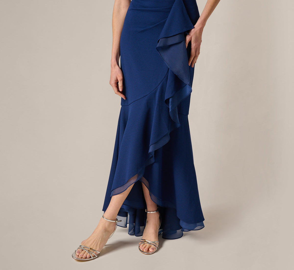 Off Shoulder Stretch Crepe Draped Gown - Navy Sateen | Adrianna Papell