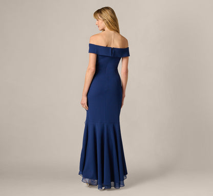 Off Shoulder Stretch Crepe Draped Gown - Navy Sateen | Adrianna Papell