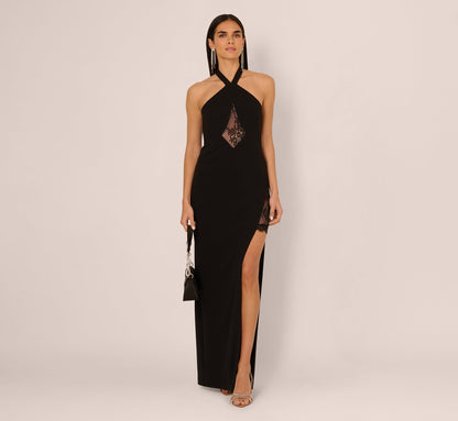 Lace Panel Cutout Halter Gown - Black | Adrianna Papell