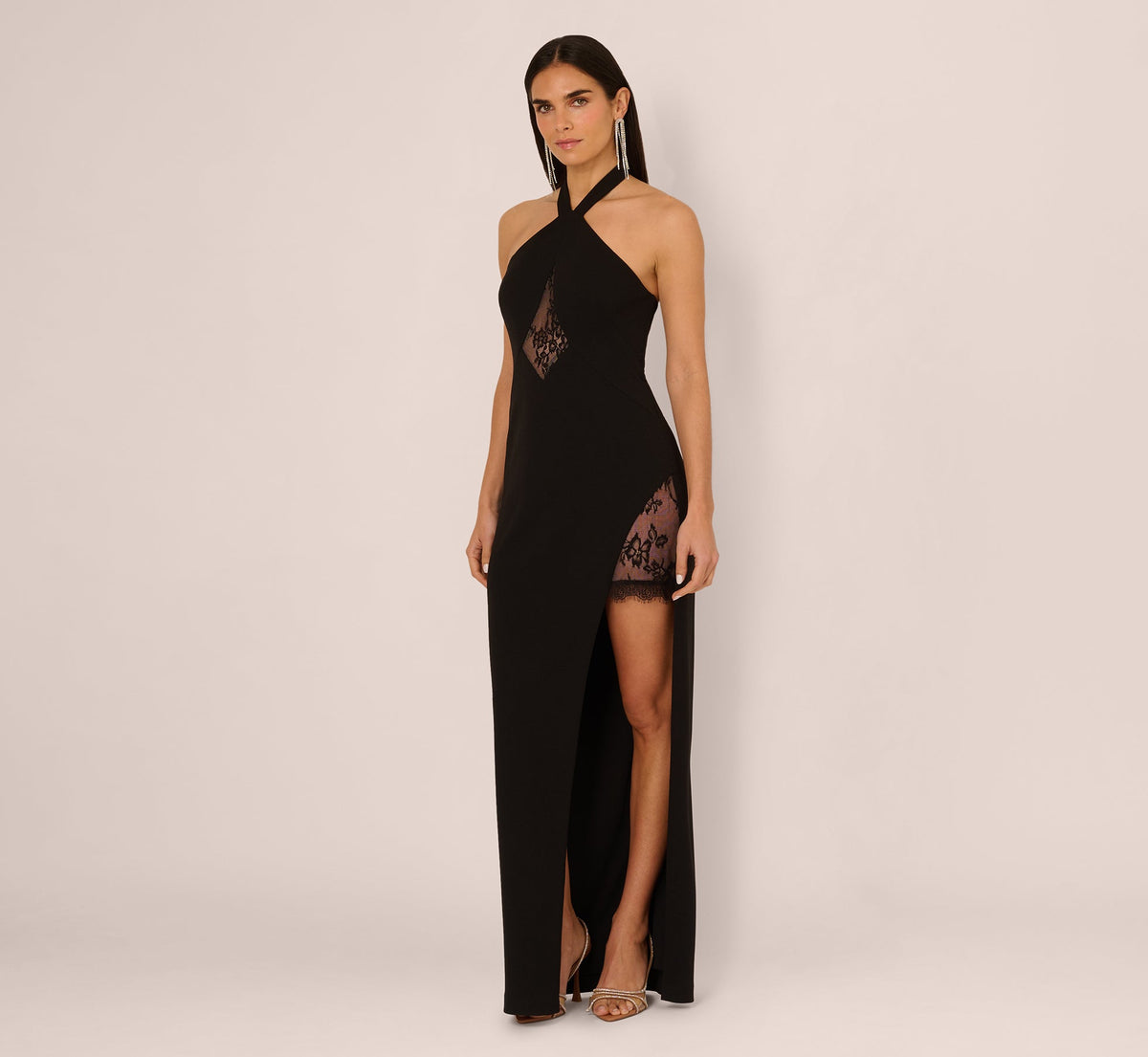 Lace Panel Cutout Halter Gown - Black | Adrianna Papell