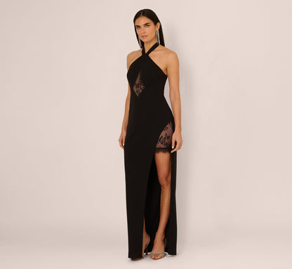 Lace Panel Cutout Halter Gown - Black | Adrianna Papell