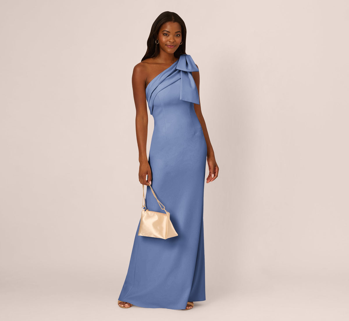 Stretch Crepe One Shoulder Mermaid Gown With Bow Accent - French Blue | Adrianna Papell
