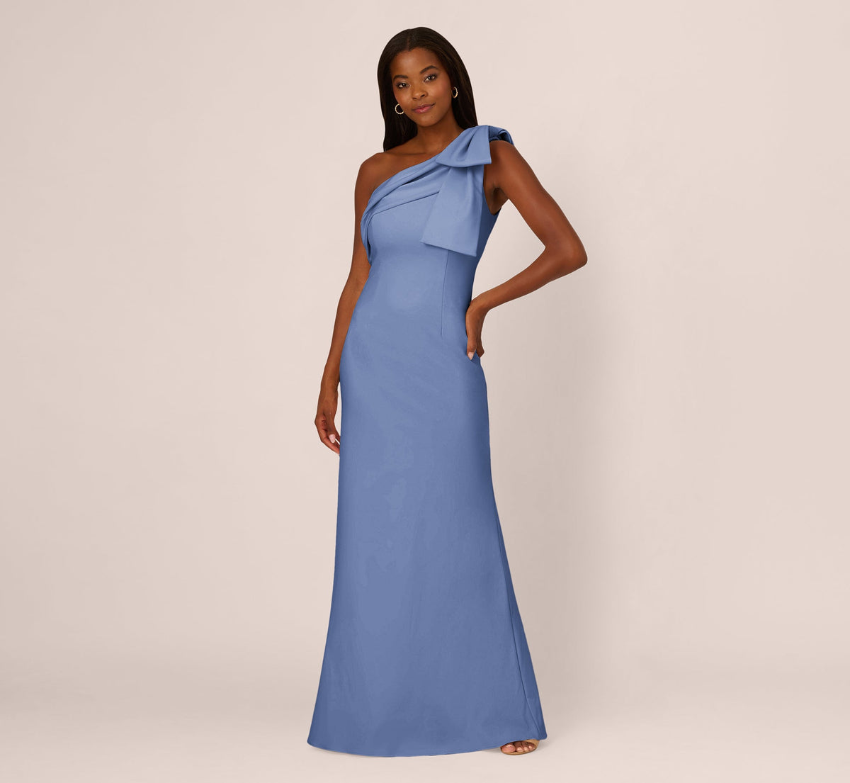 Stretch Crepe One Shoulder Mermaid Gown With Bow Accent - French Blue | Adrianna Papell