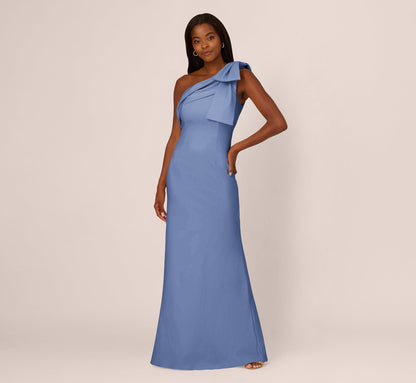 Stretch Crepe One Shoulder Mermaid Gown With Bow Accent - French Blue | Adrianna Papell