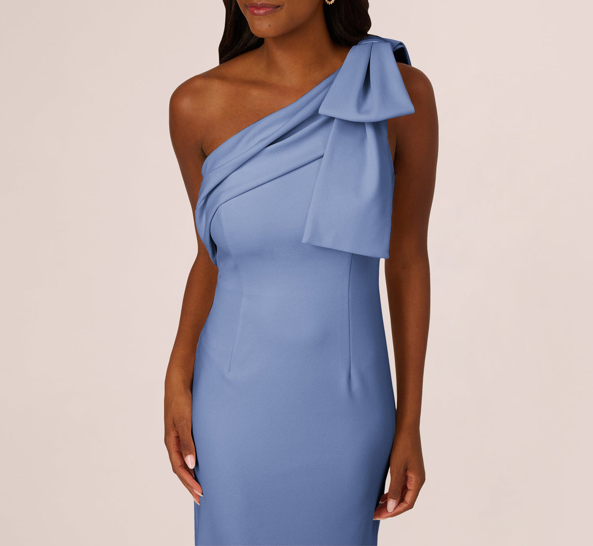 Stretch Crepe One Shoulder Mermaid Gown With Bow Accent - French Blue | Adrianna Papell