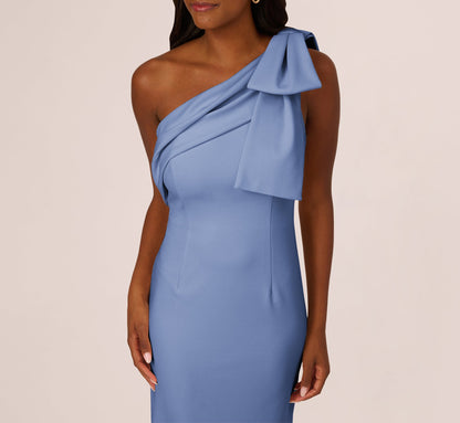Stretch Crepe One Shoulder Mermaid Gown With Bow Accent - French Blue | Adrianna Papell