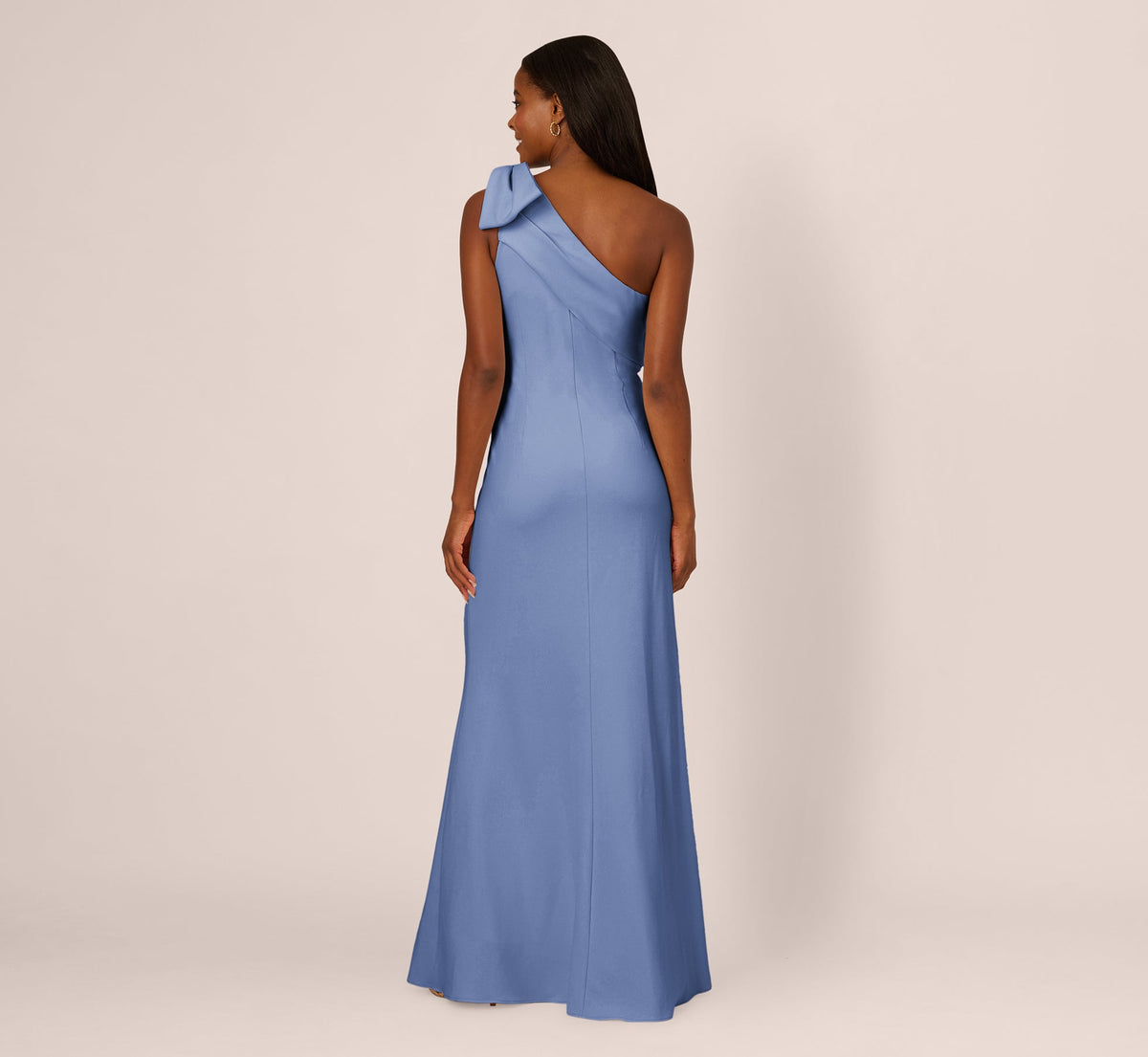 Stretch Crepe One Shoulder Mermaid Gown With Bow Accent - French Blue | Adrianna Papell