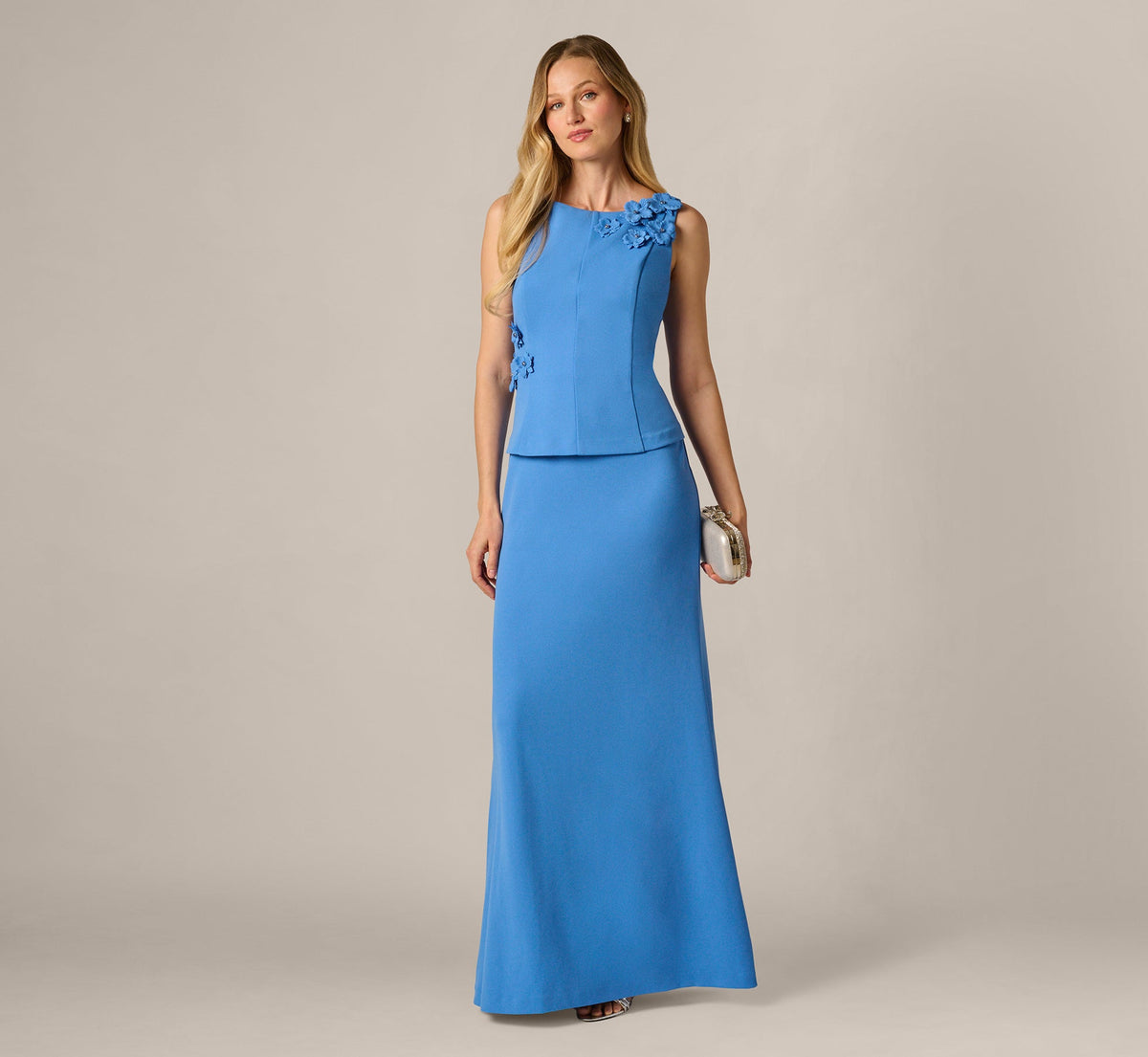 3D Floral Peplum Stretch Mermaid Gown - Cool Water | Adrianna Papell