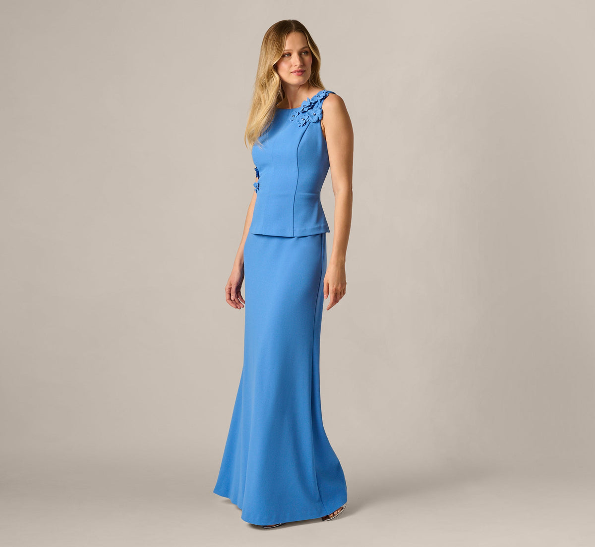 3D Floral Peplum Stretch Mermaid Gown - Cool Water | Adrianna Papell