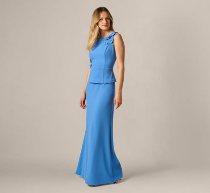 3D Floral Peplum Stretch Mermaid Gown - Cool Water | Adrianna Papell