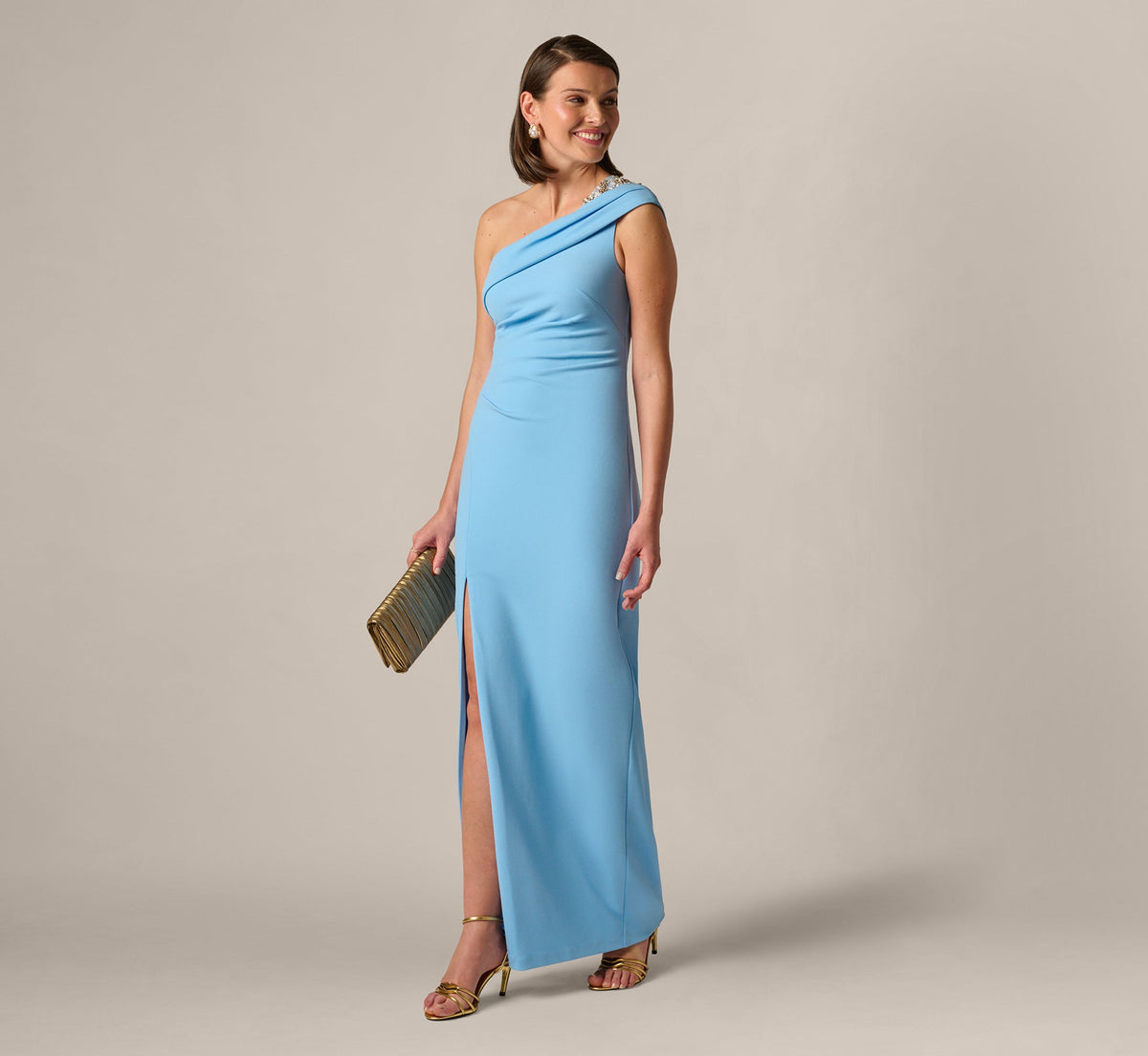 Beaded One Shoulder Stretch Column Gown - Waterfall | Adrianna Papell