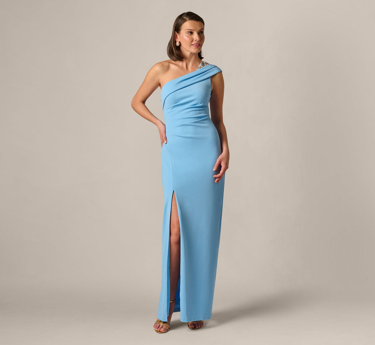Beaded One Shoulder Stretch Column Gown - Waterfall | Adrianna Papell