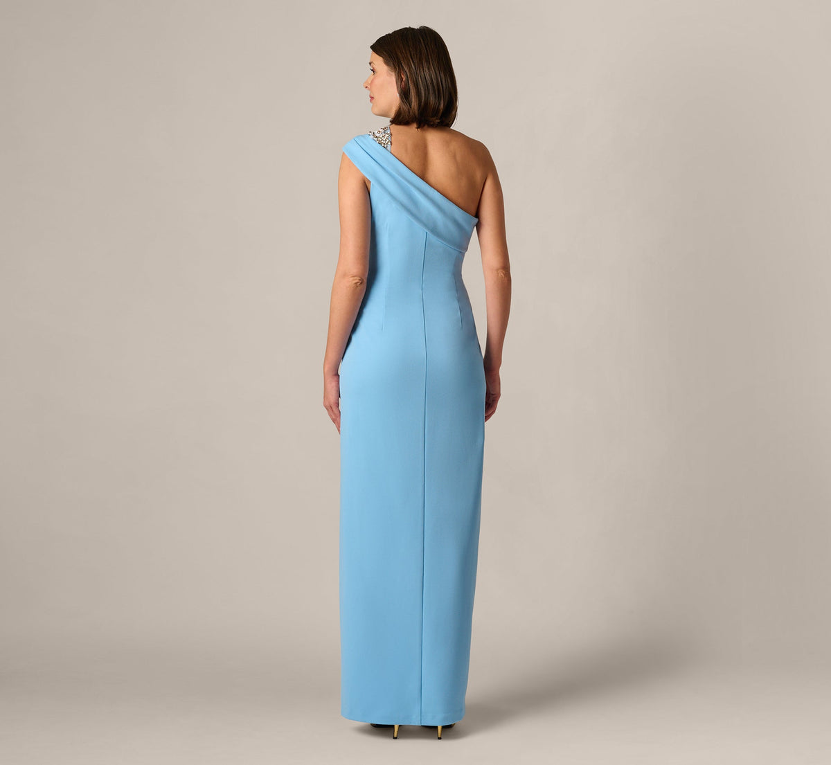 Beaded One Shoulder Stretch Column Gown - Waterfall | Adrianna Papell