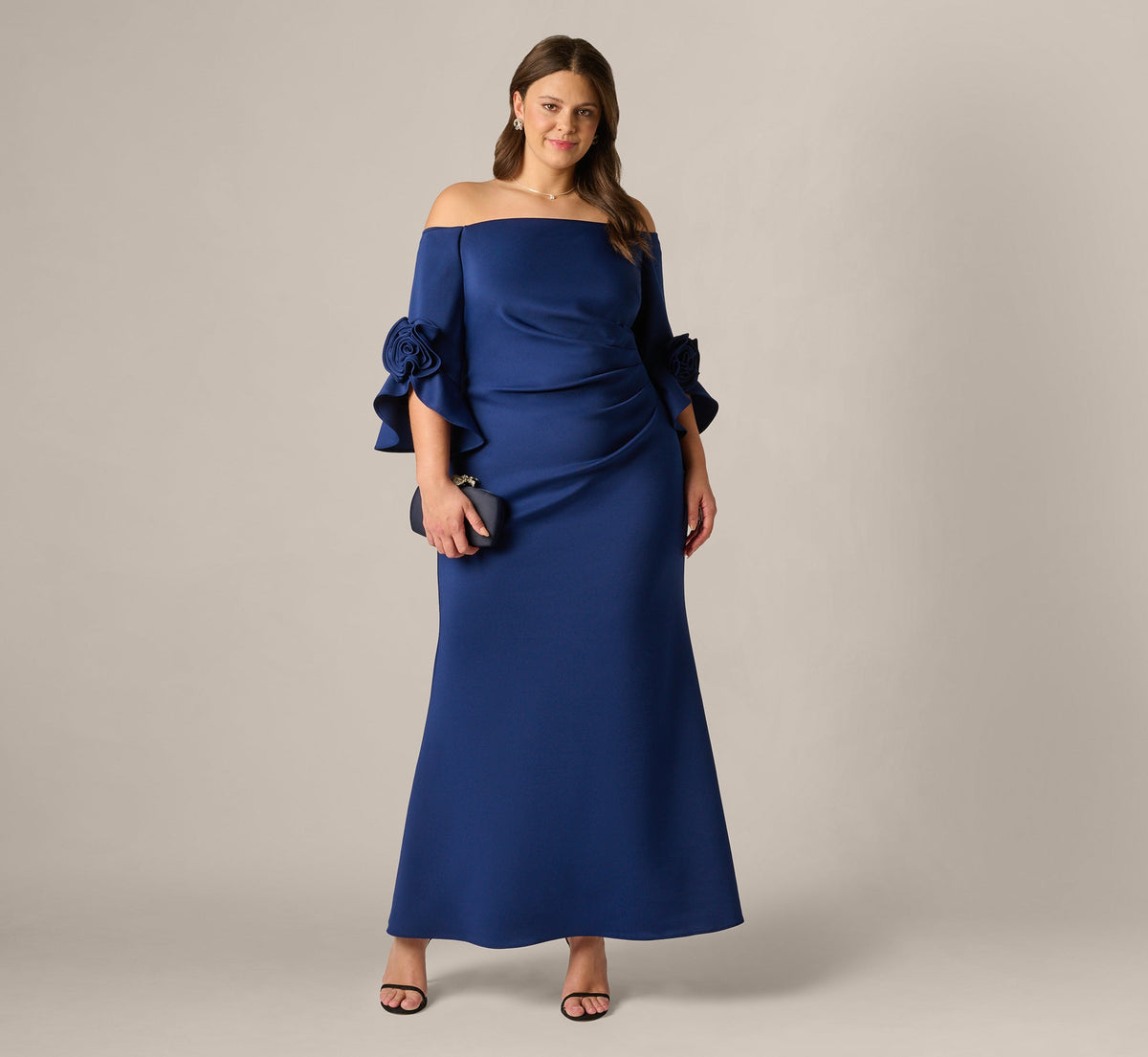 Plus Size Off Shoulder Bell Sleeve Rosette Gown - Navy Sateen | Adrianna Papell