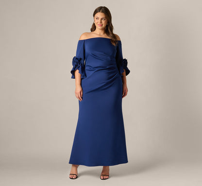 Plus Size Off Shoulder Bell Sleeve Rosette Gown - Navy Sateen | Adrianna Papell