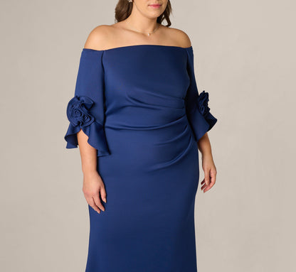 Plus Size Off Shoulder Bell Sleeve Rosette Gown - Navy Sateen | Adrianna Papell