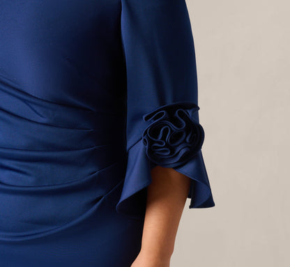 Plus Size Off Shoulder Bell Sleeve Rosette Gown - Navy Sateen | Adrianna Papell