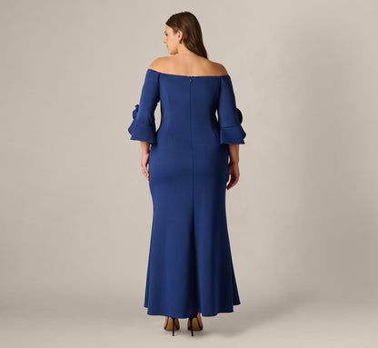 Plus Size Off Shoulder Bell Sleeve Rosette Gown - Navy Sateen | Adrianna Papell