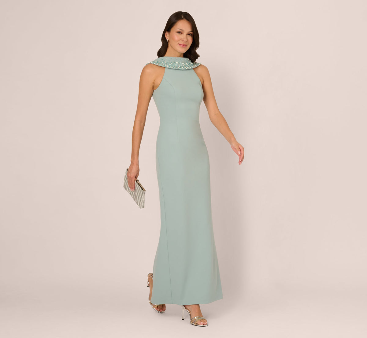 Beaded Roll Neck Column Gown - Aqua Dust | Adrianna Papell