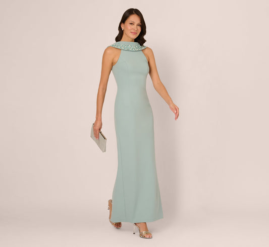 Beaded Roll Neck Column Gown - Aqua Dust | Adrianna Papell