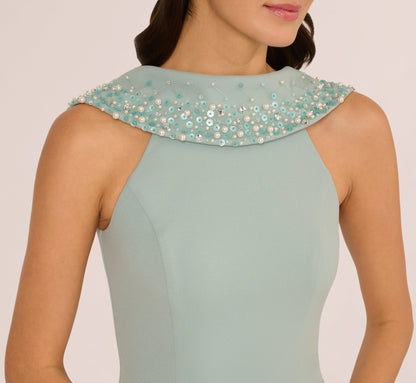 Beaded Roll Neck Column Gown - Aqua Dust | Adrianna Papell