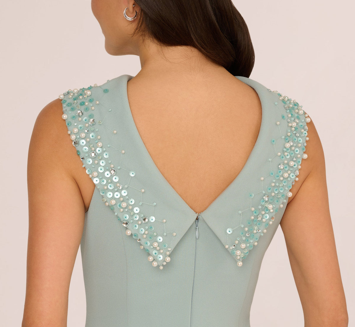 Beaded Roll Neck Column Gown - Aqua Dust | Adrianna Papell