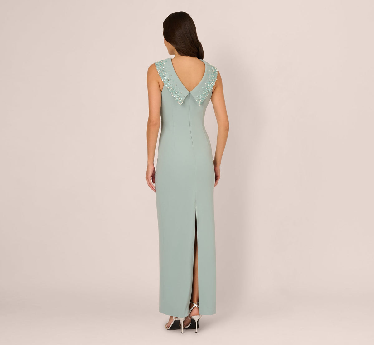 Beaded Roll Neck Column Gown - Aqua Dust | Adrianna Papell