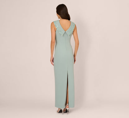 Beaded Roll Neck Column Gown - Aqua Dust | Adrianna Papell
