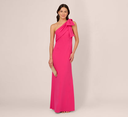 Stretch Crepe One Shoulder Mermaid Gown With Bow Accent - Hot Pink | Adrianna Papell