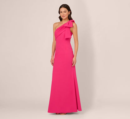 Stretch Crepe One Shoulder Mermaid Gown With Bow Accent - Hot Pink | Adrianna Papell