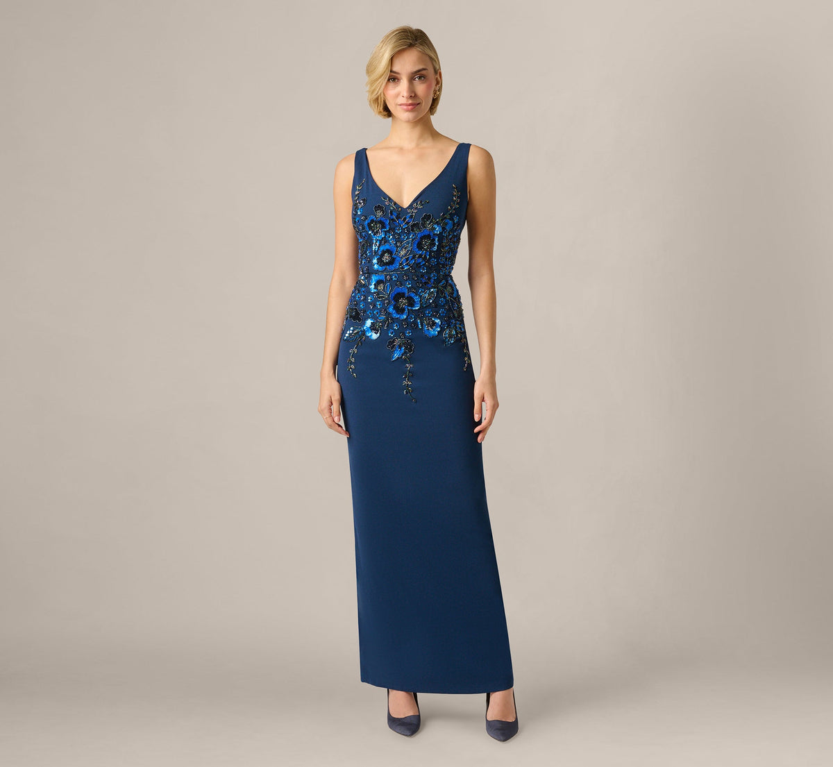 Pansy Floral Beaded Stretch Crepe Gown - Light Navy | Adrianna Papell