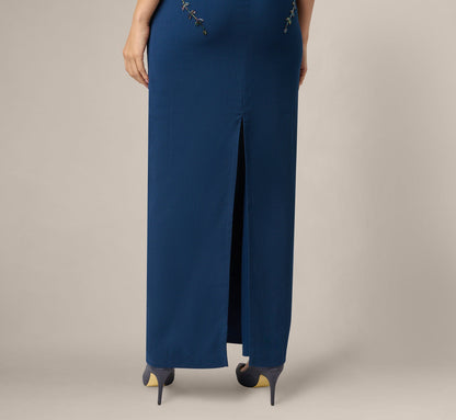 Pansy Floral Beaded Stretch Crepe Gown - Light Navy | Adrianna Papell