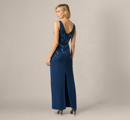 Pansy Floral Beaded Stretch Crepe Gown - Light Navy | Adrianna Papell