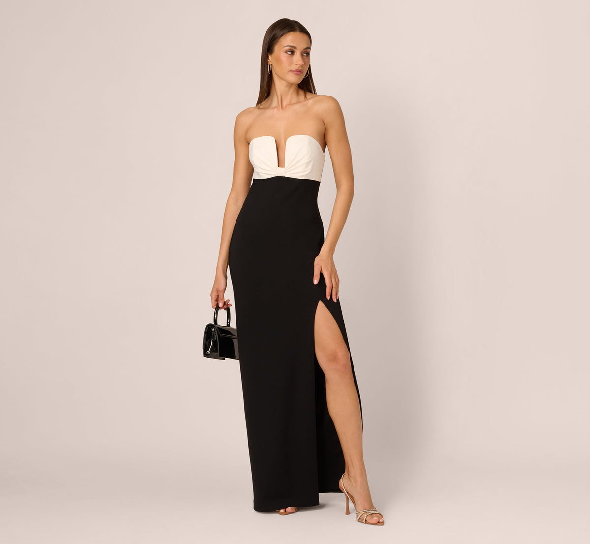 Strapless Plunge Color Block Gown - Black Ivory | Adrianna Papell