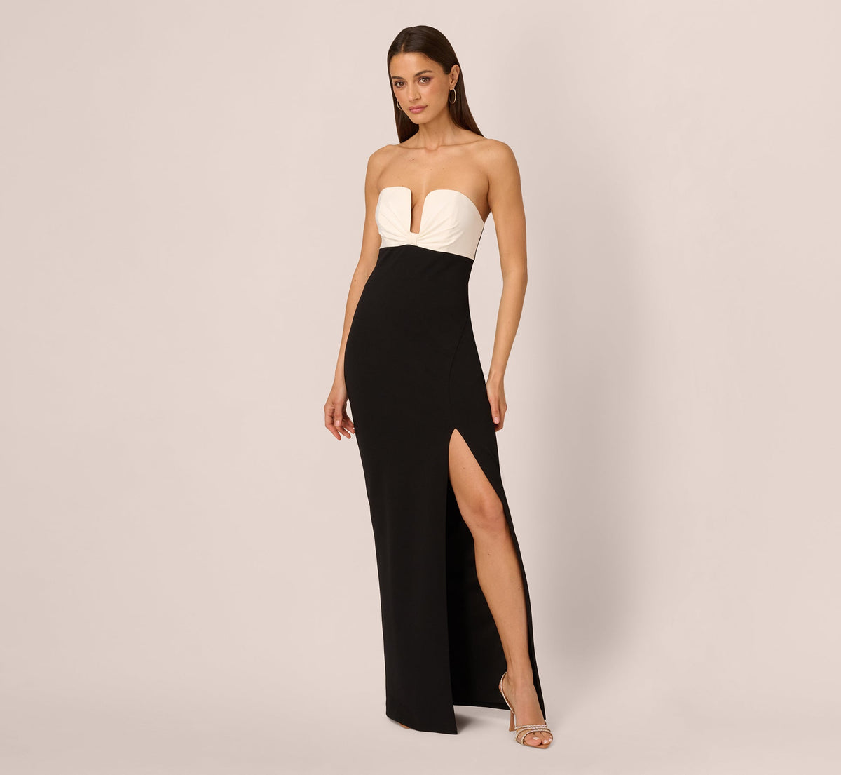 Strapless Plunge Color Block Gown - Black Ivory | Adrianna Papell